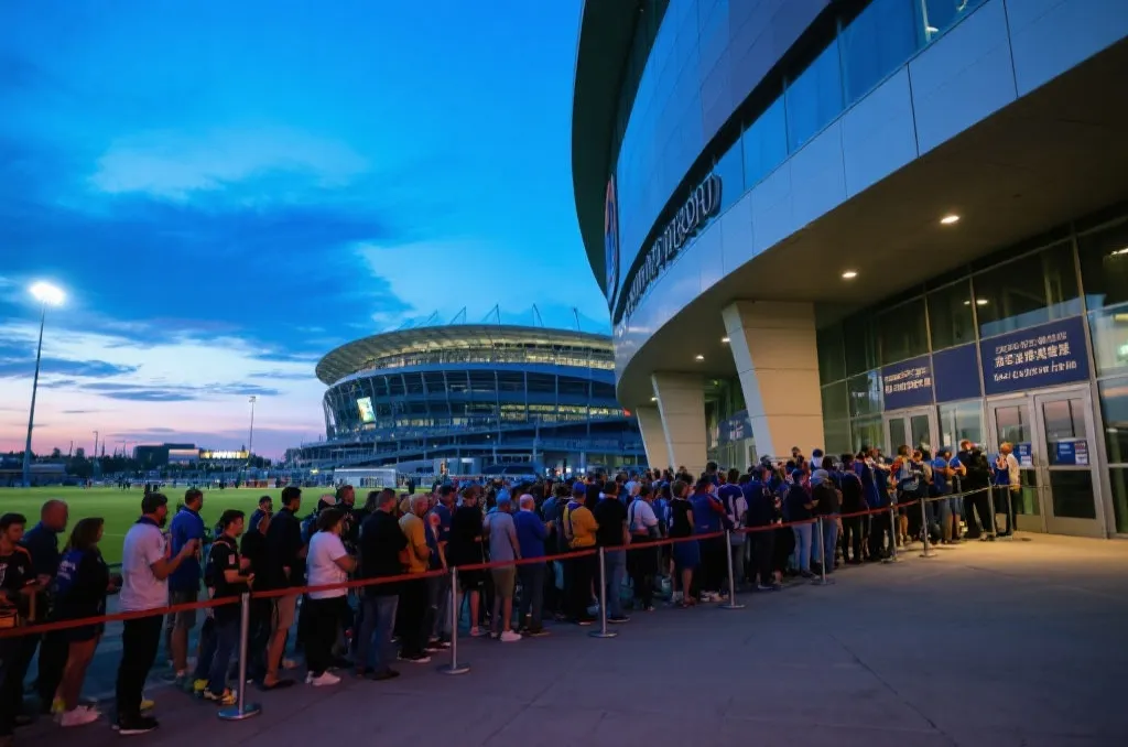 球迷在美国城市球场外排队入场的夜晚氛围